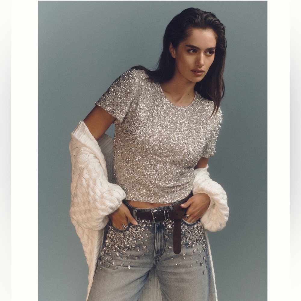 NWT Anthropologie Silver Maeve Sequin Tee